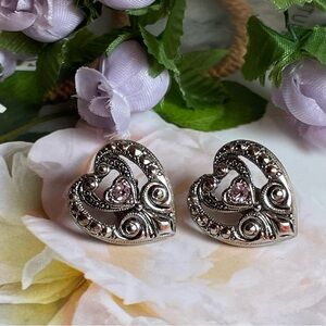 💖 Vintage Avon Earrings Faux Marcasite Hearts with Light Purple Crystals P…